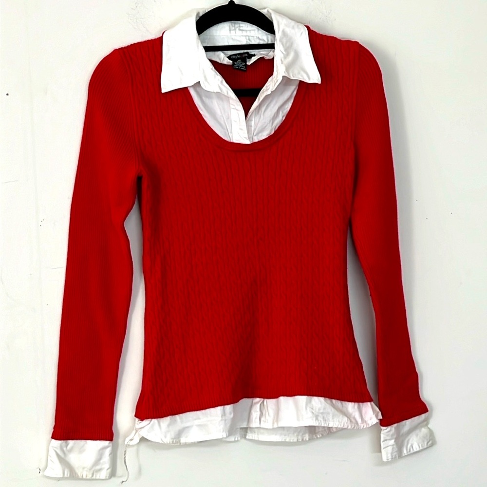 🌞 Style & Co Preppy Red Sweater built in White Collar layered look women M